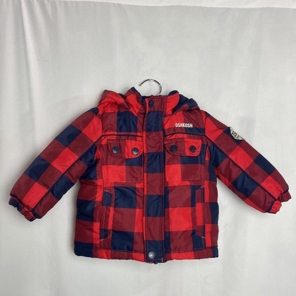 𝅺oshkosh B'gosh 18M Navy Blue and Red Flannel Fleece Lined Winter Jacket - Picture 3 of 17